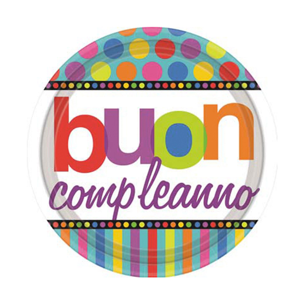 Piatti di Buon Compleanno con pois colorati 18 cm - 8 pz. per 1,25 €